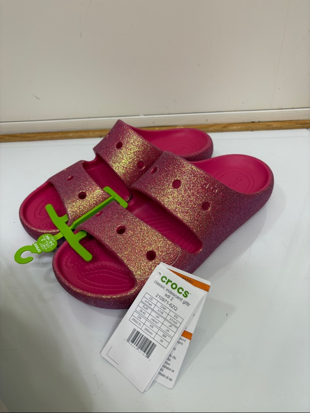 NWT CROCS Classic Iridescent glitter Glitter Hot Pink Dual-Strap Slide Sandals - Picture 3 of 9